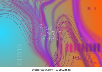 Abstract banner template with blurred curvy lines and geometric shapes. Poster with gradient neon colored  lines like tangled threads. Bright colorful shapes with marble texture.