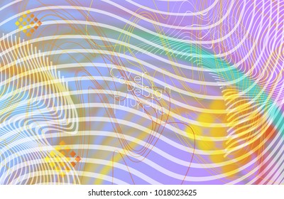 Abstract banner template with blurred curvy lines and geometric shapes. Poster with gradient neon colored  lines like tangled threads. Bright colorful shapes with marble texture.