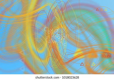 Abstract banner template with blurred curvy lines and geometric shapes. Poster with gradient neon colored  lines like tangled threads. Bright colorful shapes with marble texture.