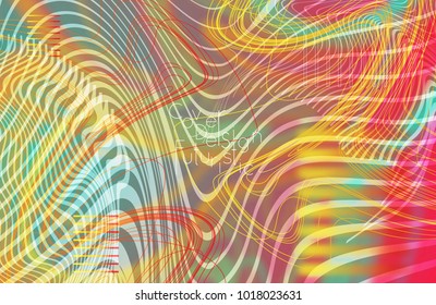 Abstract banner template with blurred curvy lines and geometric shapes. Poster with gradient neon colored  lines like tangled threads. Bright colorful shapes with marble texture.