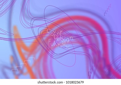 Abstract banner template with blurred curvy lines and geometric shapes. Poster with gradient neon colored  lines like tangled threads. Bright colorful shapes with marble texture.