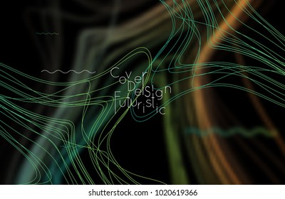 Abstract banner template with blurred curvy lines and geometric shapes. Poster with gradient neon colored  lines like tangled threads. Bright colorful shapes with marble texture.