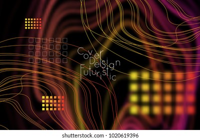 Abstract banner template with blurred curvy lines and geometric shapes. Poster with gradient neon colored  lines like tangled threads. Bright colorful shapes with marble texture.
