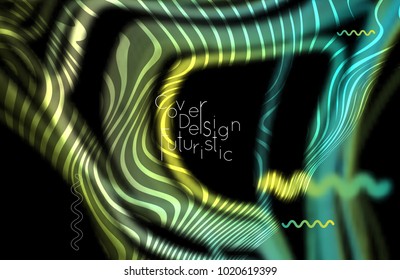Abstract banner template with blurred curvy lines and geometric shapes. Poster with gradient neon colored  lines like tangled threads. Bright colorful shapes with marble texture.