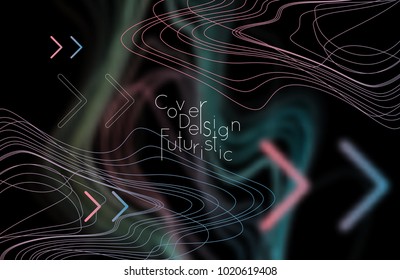 Abstract banner template with blurred curvy lines and geometric shapes. Poster with gradient neon colored  lines like tangled threads. Bright colorful shapes with marble texture.
