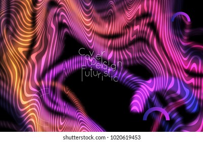 Abstract banner template with blurred curvy lines and geometric shapes. Poster with gradient neon colored  lines like tangled threads. Bright colorful shapes with marble texture.