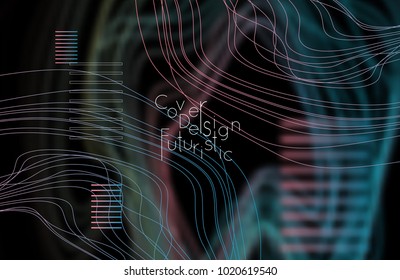 Abstract banner template with blurred curvy lines and geometric shapes. Poster with gradient neon colored  lines like tangled threads. Bright colorful shapes with marble texture.