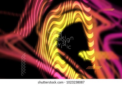 Abstract banner template with blurred curvy lines and geometric shapes. Poster with gradient neon colored  lines like tangled threads. Bright colorful shapes with marble texture.