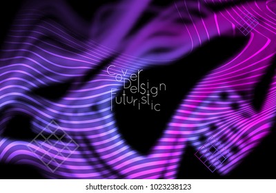 Abstract banner template with blurred curvy lines and geometric shapes. Poster with gradient neon colored  lines like tangled threads. Bright colorful shapes with marble texture.