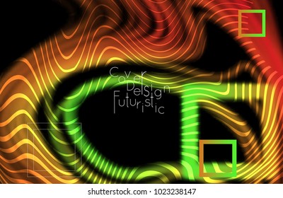 Abstract banner template with blurred curvy lines and geometric shapes. Poster with gradient neon colored  lines like tangled threads. Bright colorful shapes with marble texture.