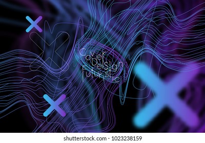 Abstract banner template with blurred curvy lines and geometric shapes. Poster with gradient neon colored  lines like tangled threads. Bright colorful shapes with marble texture.