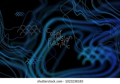 Abstract banner template with blurred curvy lines and geometric shapes. Poster with gradient neon colored  lines like tangled threads. Bright colorful shapes with marble texture.