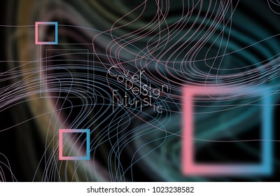 Abstract banner template with blurred curvy lines and geometric shapes. Poster with gradient neon colored  lines like tangled threads. Bright colorful shapes with marble texture.