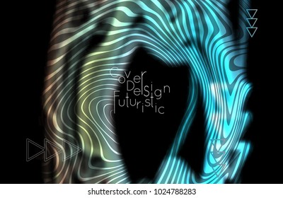 Abstract banner template with blurred curvy lines and geometric shapes. Poster with gradient neon colored  lines like tangled threads. Bright colorful shapes with marble texture.