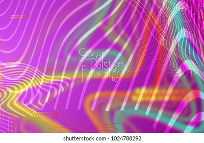 Abstract banner template with blurred curvy lines and geometric shapes. Poster with gradient neon colored  lines like tangled threads. Bright colorful shapes with marble texture.