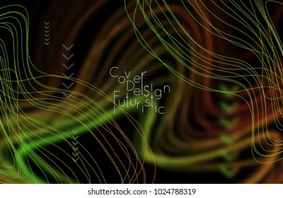 Abstract banner template with blurred curvy lines and geometric shapes. Poster with gradient neon colored  lines like tangled threads. Bright colorful shapes with marble texture.