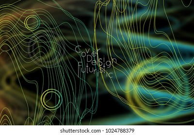 Abstract banner template with blurred curvy lines and geometric shapes. Poster with gradient neon colored  lines like tangled threads. Bright colorful shapes with marble texture.