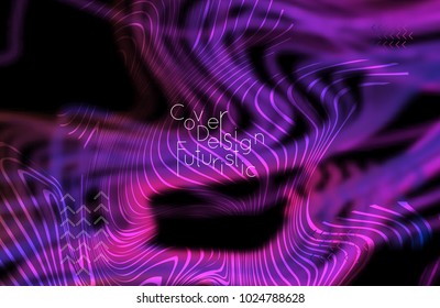 Abstract banner template with blurred curvy lines and geometric shapes. Poster with gradient neon colored  lines like tangled threads. Bright colorful shapes with marble texture.