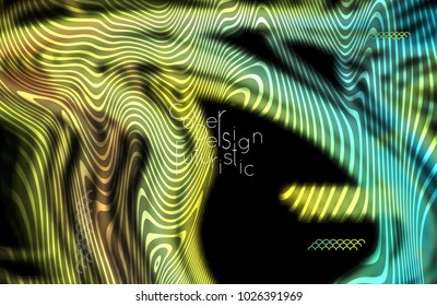 Abstract banner template with blurred curvy lines and geometric shapes. Poster with gradient neon colored  lines like tangled threads. Bright colorful shapes with marble texture.