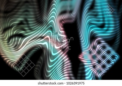Abstract banner template with blurred curvy lines and geometric shapes. Poster with gradient neon colored  lines like tangled threads. Bright colorful shapes with marble texture.