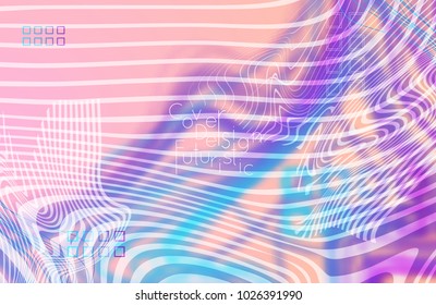 Abstract banner template with blurred curvy lines and geometric shapes. Poster with gradient neon colored  lines like tangled threads. Bright colorful shapes with marble texture.