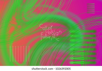 Abstract banner template with blurred curvy lines and geometric shapes. Poster with gradient neon colored  lines like tangled threads. Bright colorful shapes with marble texture.