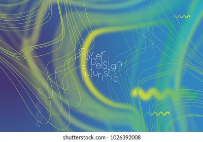 Abstract banner template with blurred curvy lines and geometric shapes. Poster with gradient neon colored  lines like tangled threads. Bright colorful shapes with marble texture.