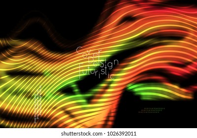 Abstract banner template with blurred curvy lines and geometric shapes. Poster with gradient neon colored  lines like tangled threads. Bright colorful shapes with marble texture.