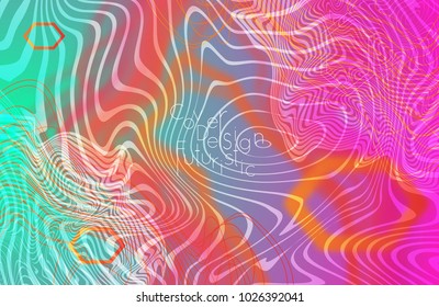 Abstract banner template with blurred curvy lines and geometric shapes. Poster with gradient neon colored  lines like tangled threads. Bright colorful shapes with marble texture.