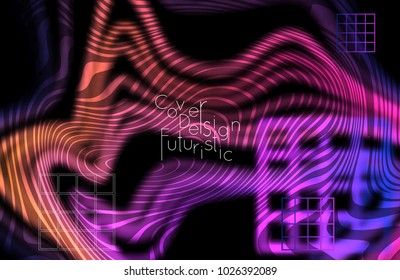 Abstract banner template with blurred curvy lines and geometric shapes. Poster with gradient neon colored  lines like tangled threads. Bright colorful shapes with marble texture.