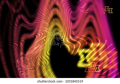 Abstract banner template with blurred curvy lines and geometric shapes. Poster with gradient neon colored  lines like tangled threads. Bright colorful shapes with marble texture.
