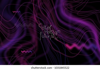 Abstract banner template with blurred curvy lines and geometric shapes. Poster with gradient neon colored  lines like tangled threads. Bright colorful shapes with marble texture.