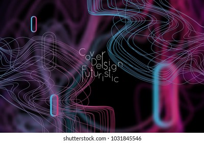 Abstract banner template with blurred curvy lines and geometric shapes. Poster with gradient neon colored  lines like tangled threads. Bright colorful shapes with marble texture.