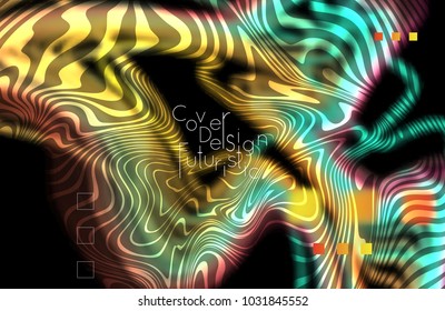Abstract banner template with blurred curvy lines and geometric shapes. Poster with gradient neon colored  lines like tangled threads. Bright colorful shapes with marble texture.
