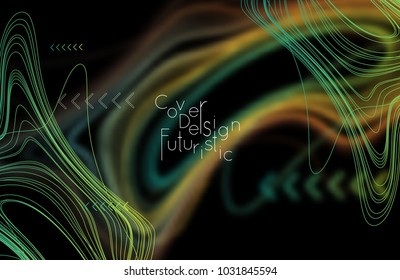 Abstract banner template with blurred curvy lines and geometric shapes. Poster with gradient neon colored  lines like tangled threads. Bright colorful shapes with marble texture.
