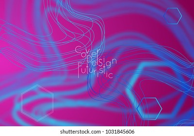 Abstract banner template with blurred curvy lines and geometric shapes. Poster with gradient neon colored  lines like tangled threads. Bright colorful shapes with marble texture.