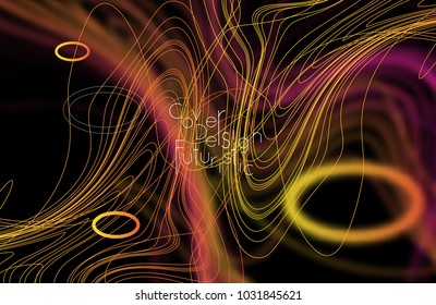 Abstract banner template with blurred curvy lines and geometric shapes. Poster with gradient neon colored  lines like tangled threads. Bright colorful shapes with marble texture.