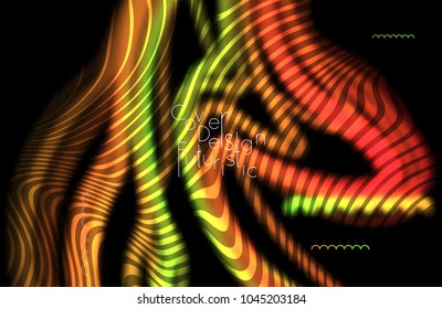 Abstract banner template with blurred curvy lines and geometric shapes. Poster with gradient neon colored  lines like tangled threads. Bright colorful shapes with marble texture.