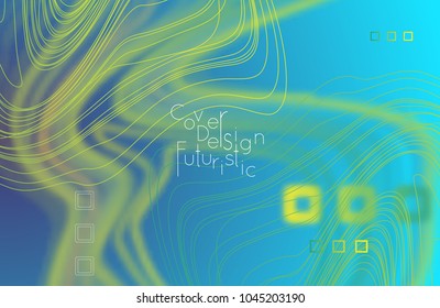 Abstract banner template with blurred curvy lines and geometric shapes. Poster with gradient neon colored  lines like tangled threads. Bright colorful shapes with marble texture.