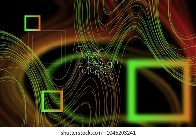 Abstract banner template with blurred curvy lines and geometric shapes. Poster with gradient neon colored  lines like tangled threads. Bright colorful shapes with marble texture.