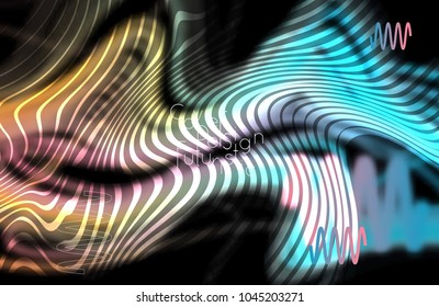 Abstract banner template with blurred curvy lines and geometric shapes. Poster with gradient neon colored  lines like tangled threads. Bright colorful shapes with marble texture.