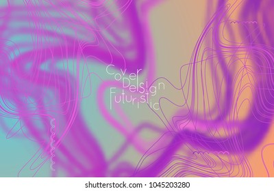 Abstract banner template with blurred curvy lines and geometric shapes. Poster with gradient neon colored  lines like tangled threads. Bright colorful shapes with marble texture.
