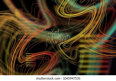 Abstract banner template with blurred curvy lines and geometric shapes. Poster with gradient neon colored  lines like tangled threads. Bright colorful shapes with marble texture.