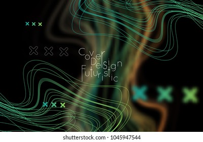 Abstract banner template with blurred curvy lines and geometric shapes. Poster with gradient neon colored  lines like tangled threads. Bright colorful shapes with marble texture.