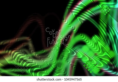 Abstract banner template with blurred curvy lines and geometric shapes. Poster with gradient neon colored  lines like tangled threads. Bright colorful shapes with marble texture.