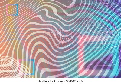 Abstract banner template with blurred curvy lines and geometric shapes. Poster with gradient neon colored  lines like tangled threads. Bright colorful shapes with marble texture.