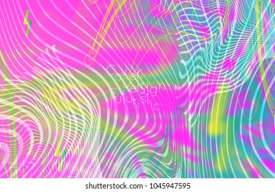 Abstract banner template with blurred curvy lines and geometric shapes. Poster with gradient neon colored  lines like tangled threads. Bright colorful shapes with marble texture.