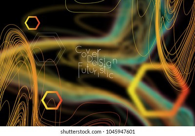 Abstract banner template with blurred curvy lines and geometric shapes. Poster with gradient neon colored  lines like tangled threads. Bright colorful shapes with marble texture.