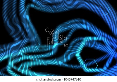 Abstract banner template with blurred curvy lines and geometric shapes. Poster with gradient neon colored  lines like tangled threads. Bright colorful shapes with marble texture.