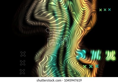 Abstract banner template with blurred curvy lines and geometric shapes. Poster with gradient neon colored  lines like tangled threads. Bright colorful shapes with marble texture.